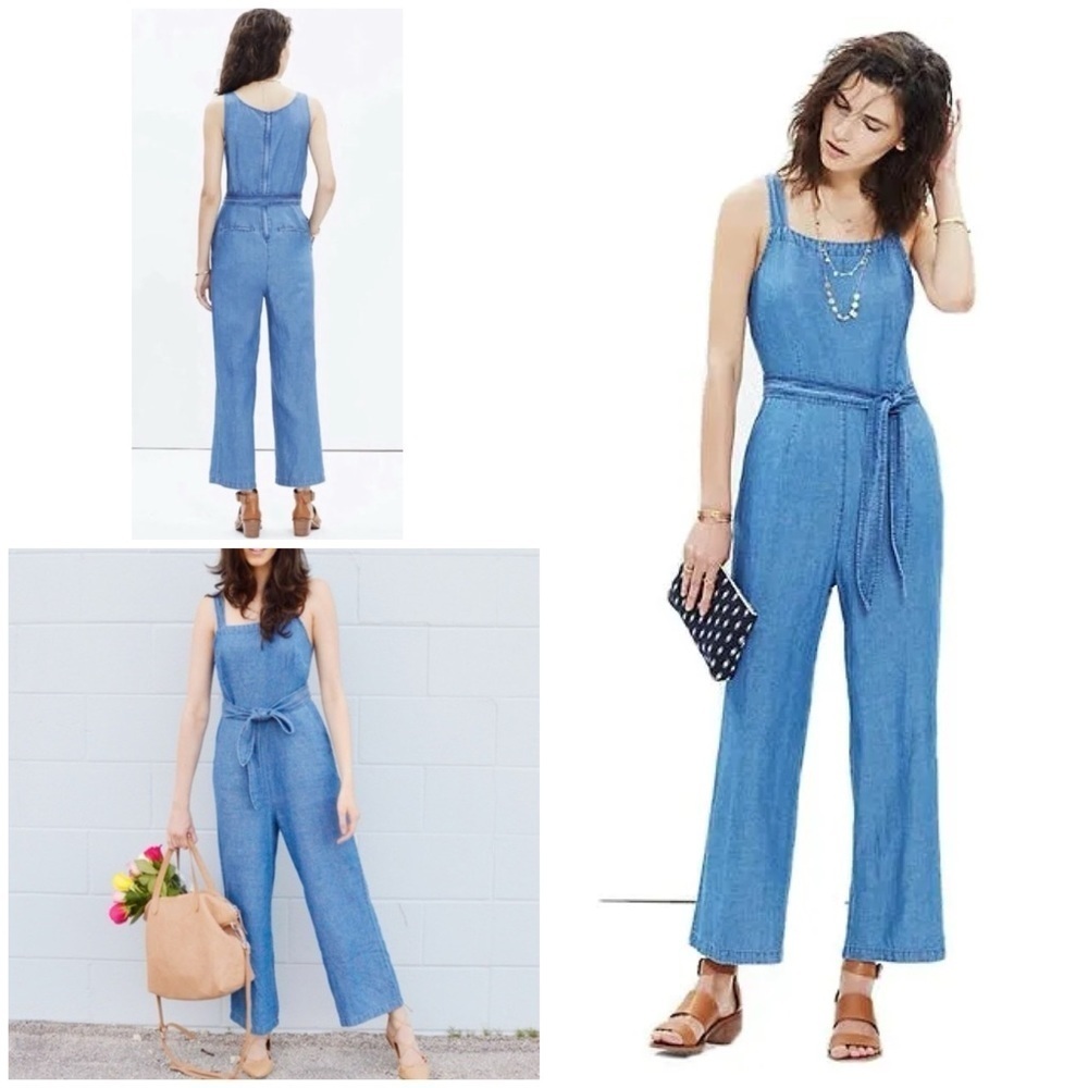 NWT Madewell Chambray Muralist Culotte Belted Denim Jumpsuit 12